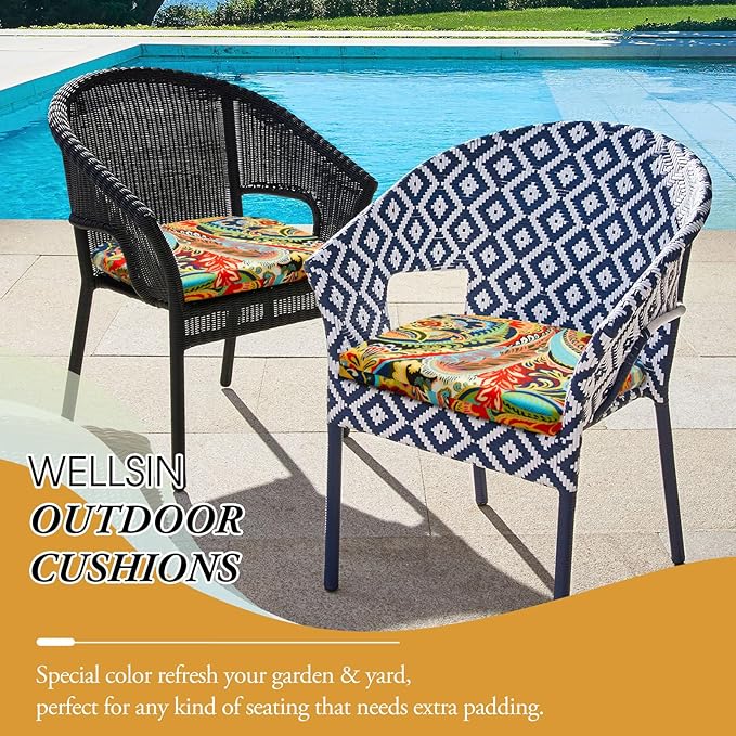 Wellsin Outdoor Chair Cushions for Patio Furniture - Patio Chair Cushions Set of 2 - Water Resistant Round Corner Outdoor Seat Cushions 17"X16"X2", Flower