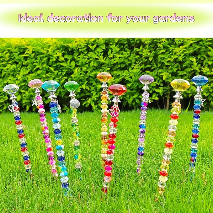 72Pcs DIY Garden Stakes Decorative Beadable Items for Different Festivals Fairy Wand Beaded Garden Stakes Kit Fairy Garden Accessories Outdoor, Diamond-(Orange+Blue+Whit)