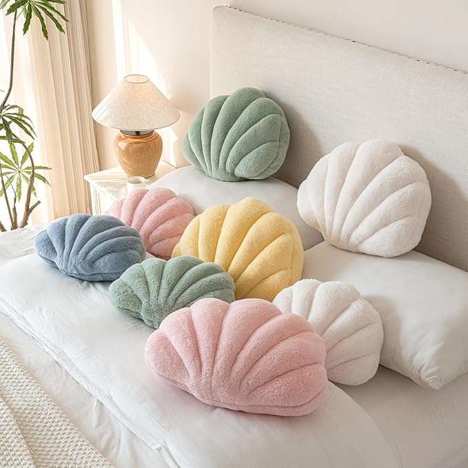 Shell Pillow, Seashell Throw Pillow with Soft Rabbit Plush for Couch Bed, Shell Shaped Decorative Ocean Pillow Stylish Beach Cushion Room Aesthetic Home Decor