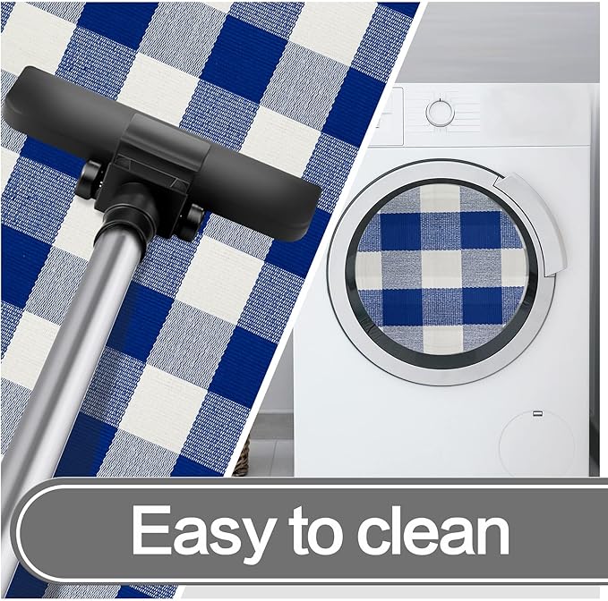 MUBIN Cotton Buffalo Plaid Rug, 3'x5' Blue and White Outdoor Rug Front Door Decorative Mat, Hand-Woven Foldable Rug for Layered Door Mats Washable Carpet for Front Porch, Entryway, Farmhouse