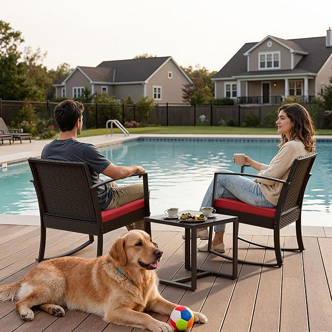 Greesum 3 Piece Patio Furniture Set, All-Weather Imitation Rattan Conversation Set, Outdoor Rocking Chair Bistro Set with Glass Top Coffee Table for Pool, Deck, Porch, Garden or Balcony, Red