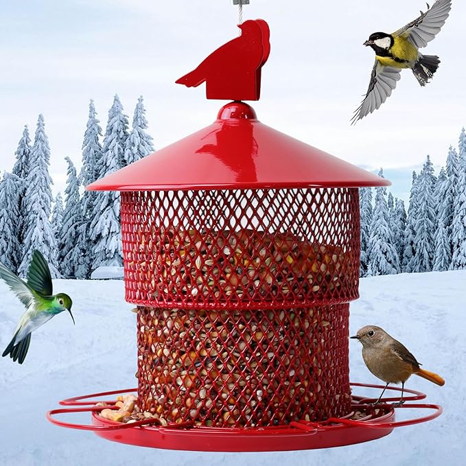Metal Bird Feeder for Outside Hanging, Bird Feeders Squirrel Proof, 4 Lbs Large Capacity Tube Iron Mesh Wild Birdfeeder for Outdoor Finch Cardinal Chickadees Blue Jay -Red