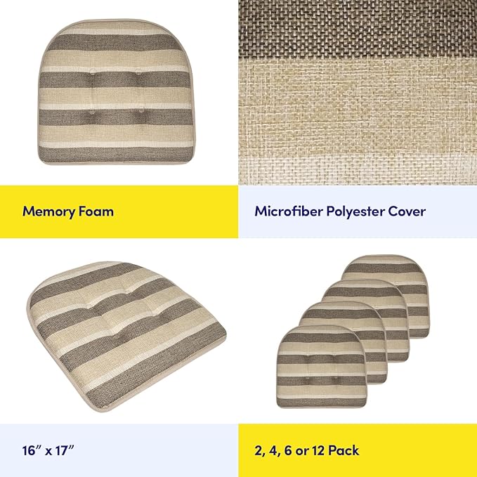 Sweet Home Collection Chair Cushion Memory Foam Pads Tufted Slip Non Skid Rubber Back U-Shaped 17" x 16" Seat Cover, 6 Count (Pack of 1), Bradford Beige/Brown