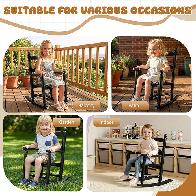 Outvita Kids Rocking Chair, Ergonomic Sturdy Toddler Rocking Chair with High Backrest & Rounded Armrests, Safe Solid Wood Baby Rocker Chair for Age 3-6, Outdoor, Living Room, Reading Room(Black)