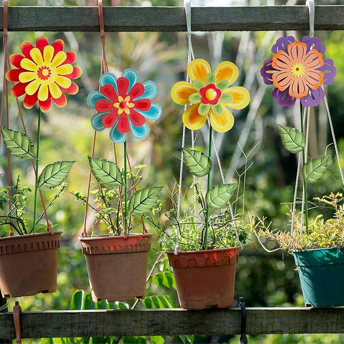 Metal Flowers for Outside,4 Pack 16.33" Decorative Garden Stakes with Swaying Flowers Head Yard Art,Spring Garden Decor for Lawn, Pathway & Yard