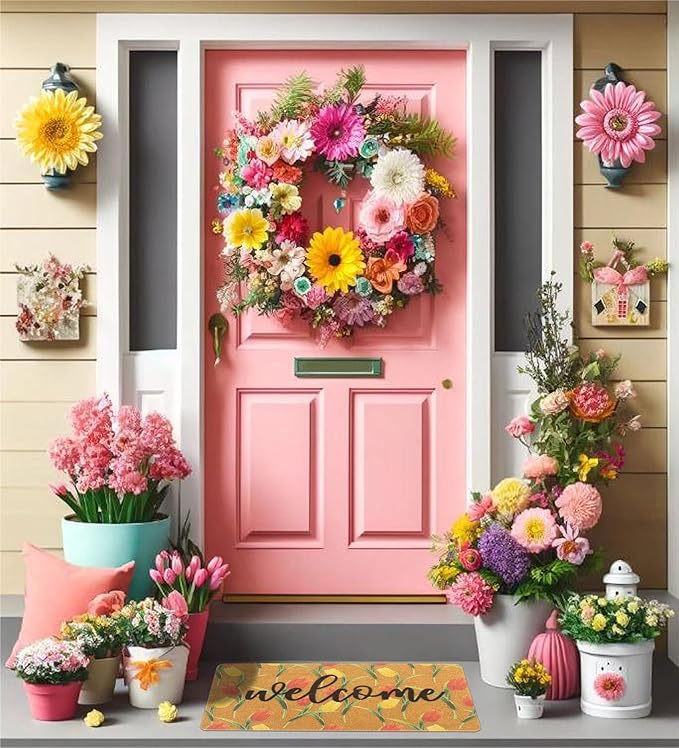 Tulip-Welcome-Doormat for Indoor Outdoor Entrance Floral-Spring-Door-Mat Non Slip Coir Seasonal Doormat for Spring Easter Home Decor 17 x 29 Inches
