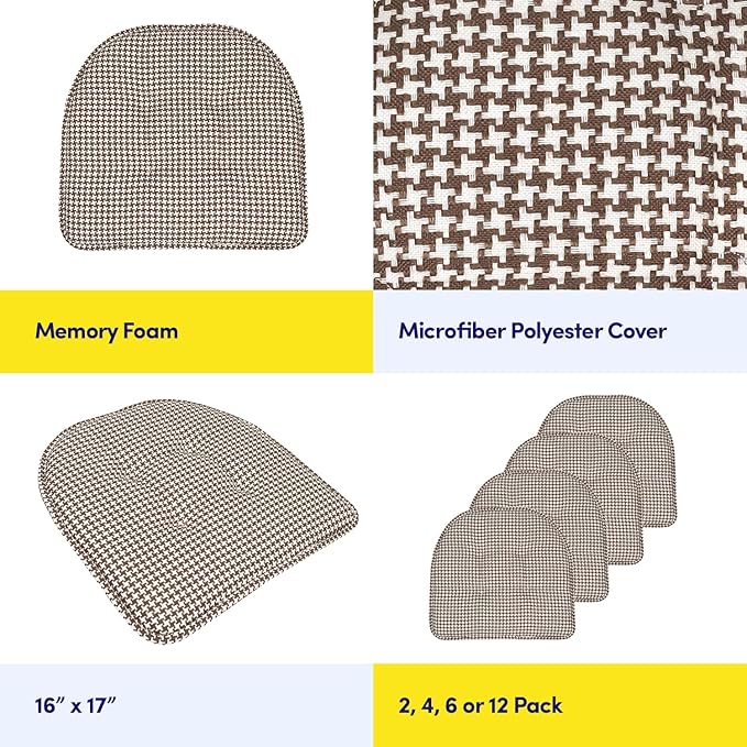 Sweet Home Collection Chair Cushion Memory Foam Pads Tufted Slip Non Skid Rubber Back U-Shaped 17" x 16" Seat Cover, 6 Pack, Houndsooth Brown