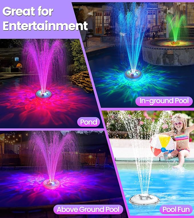 Floating Pool Fountain with Lights Show, Upgraded Pool Fountains with Anchor, Pool Water Fountain, Swimming Pool Fountains for Inground Pool, Waterfall for Above Ground Pond-White