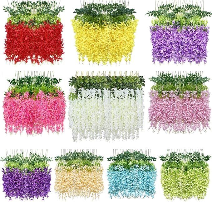 Artificial Flowers Hanging Flowers, Fake Wisteria Flower Garland Silk Vines Rattan String Decor for Home Wedding Arch Wall Garden Greenery Bedroom Outdoor Office Party Decoration (36, Blue)