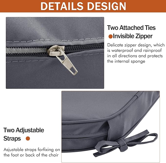 Outdoor Chair Cushions Set of 4 Waterproof Patio Chair Cushions with Tie 5 Year Color Fastness Thick Outdoor Seat Cushion for Garden Lawn Round Corner Dark Grey 17x16 Inch