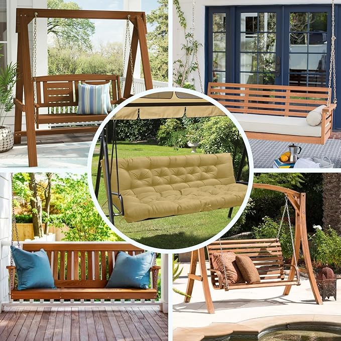 Porch Swing Cushions, Waterproof Swing Cushions Replacement with Backrest, Outdoor Swing Bench Cushions 2-3 Seater Replacement for Patio Furniture (Khaki, 60''×40'')