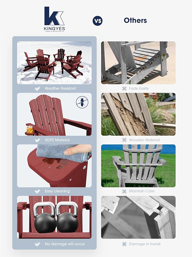 KINGYES Folding Adirondack Chair Set of 4, HDPE All-Weather Patio Chairs with Cup Holder, Wooden Textured Fire Pit Chairs for Poolside, Backyard, Deck, Red