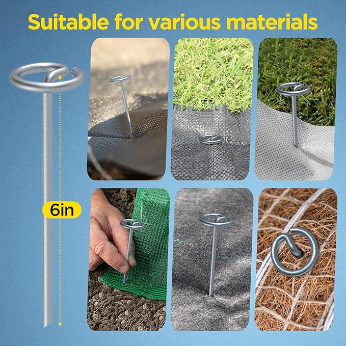 Landscape Fabric Pins, Thickened 8 Gauge Circle Top Landscape Pins, Not Easy to Bend 6 inch Galvanized Landscape Fabric Stakes, More Holding Power Garden Staples (80 Circle Top)