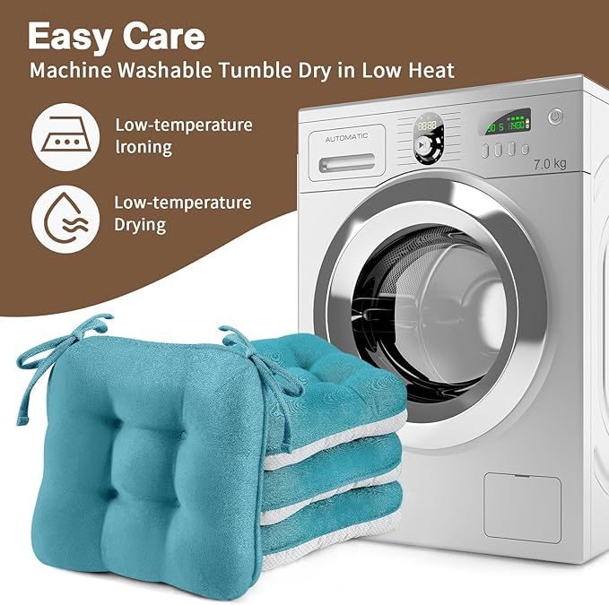 BETU Chair Cushions for Dining Chairs Set of 4,3.5" Thick Kitchen Table Chair Pads with Ties,Non Slip Backing and Covers, Seat Cushion for Dining Room,Bar,Patio Chairs,16"X16"X3.5",Teal