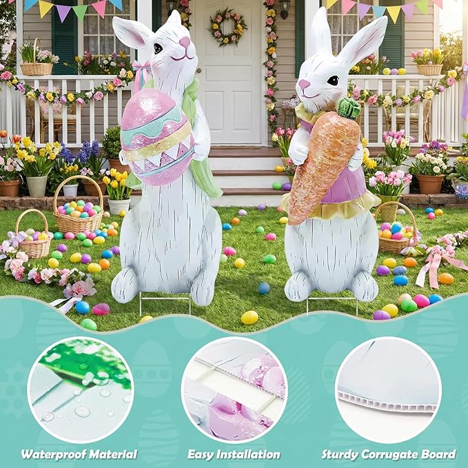 2 PCS Large Easter Decorations Outdoor Easter Yard Signs Easter Yard Decorations with Metal Stakes Bunny Decorations Easter Outdoor Garden Sign Waterproof Lawn Signs for Pathway Walkway