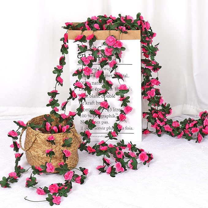 KHOYIME 9 Pack 72 FT Artificial Flower Garland, Fake Hot Pink Roses Vines Silk Flowers Faux Plastic Outdoor Hanging Floral Ivy Garland Decoration for Wedding Arch Bedroom Home Wall Backdrop Room Decor