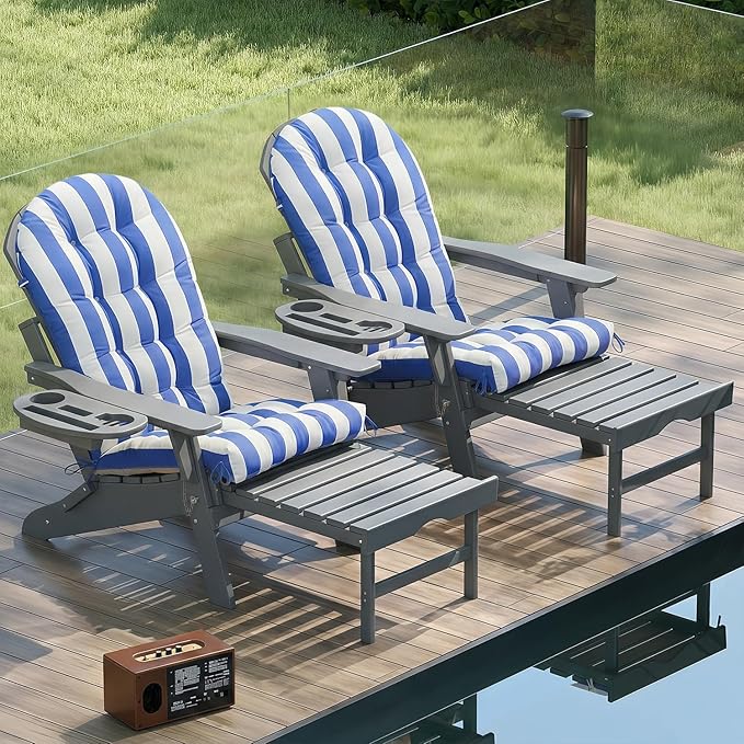Adirondack Chair Cushion Set of 4, Thickened Patio Chair Cushions with Ties, Waterproof and UV-Protected Rocking Chair Cushion for Indoor and Outdoor, Stripe Navy Blue.