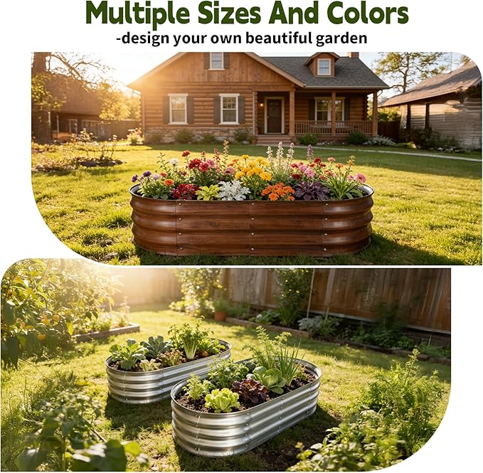 Galvanized Raised Garden Bed Outdoor, Large Raised Bed for Gardening, 2Pcs 4x2x1ft Oval Metal Planter Box for Vegetables, Fruits, Flowers, Dark Brown Wood Grain