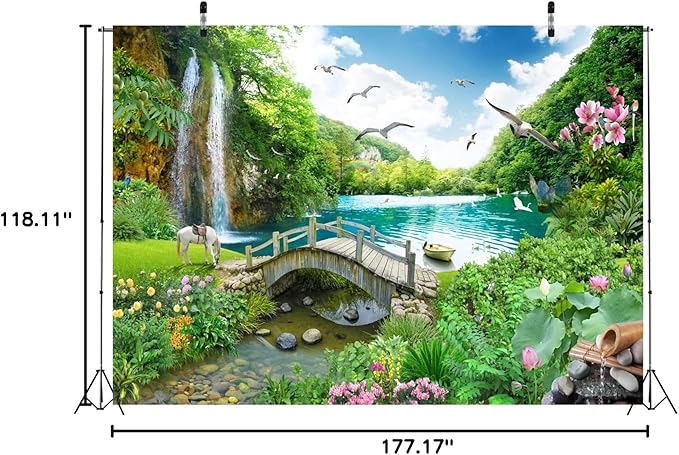 BELECO 15x10ft Fabric Picturesque Garden Backdrop Tropical Landscape Green Mountain Forest Trees Waterfall Lake Flowers Birds Horse River Bridge Fantasy Scenery Background Wall Mural Photo Props