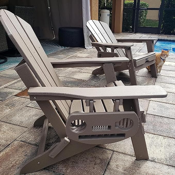 Adjustable Adirondack Chair with Retractable Ottoman, HDPE Folding Adirondack Chair with Cup Holder, All Weather Fire Pit Chair for Outdoor.