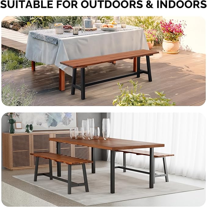 VINGLI Outdoor Wooden Bench, 45” 2-Person Backless Dining Bench, Weatherproof Outdoor Patio Bench for Porch Entryway Garden (1, Brown & Black)
