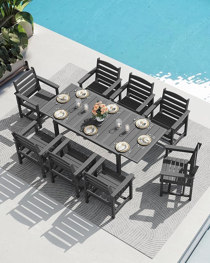 SERWALL 9-Piece Outdoor Dining Set, 60" - 83" Expandable Outdoor Dining Table and 8 HDPE Chairs, All Weather HDPE Outdoor Furniture Set for Backyard, Garden, Grey
