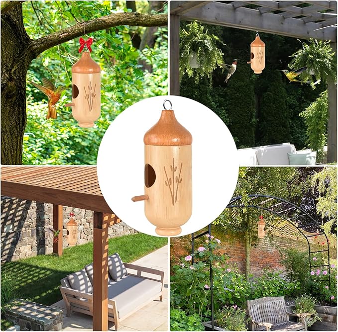 Hummingbird House, Solid Wood Hummingbird Houses for Outside-Exquisitely Handcrafted Birdhouse with Ribbon and String Hanging Kit, Durable Garden Decor, Perfect Gardening Gift(Style-F, 1 Pack)