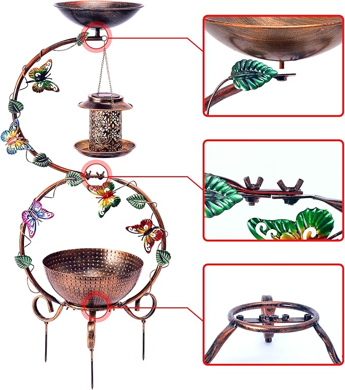 37.8" Bird Bath and Solar Bird Feeders Combo with Flower Planter Pedestal, Metal Bird Baths for Outdoors, Decorative Birdbath with Butterfly for Outside Garden Yard, Weather Resistant