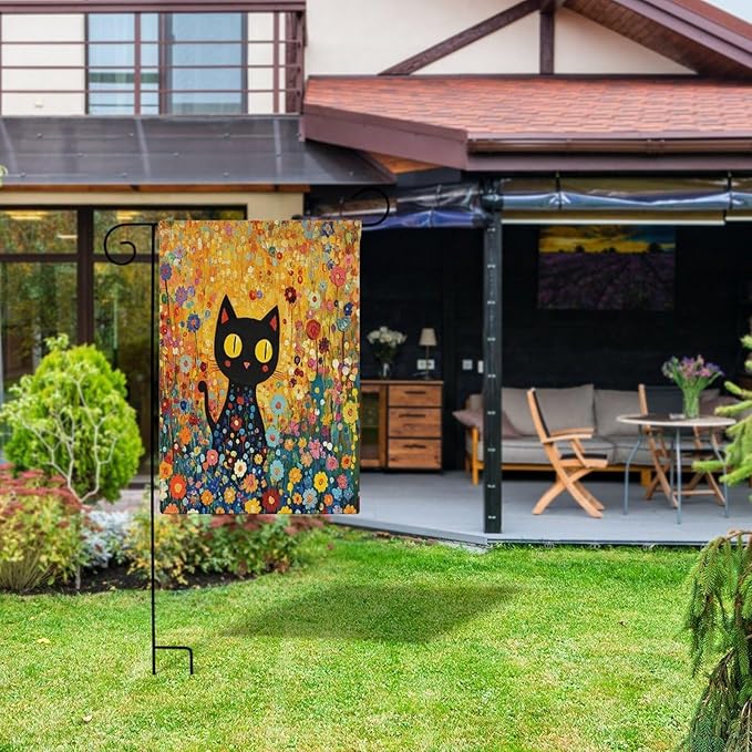 Cute Black Cat in The Flower Garden Welcome Garden Flag 12×18 Inch Small Vertical Double Sided Wild Flowers Floral Leaf Botanical Plants Flag Farmhouse Flags Yard Holiday Decoration
