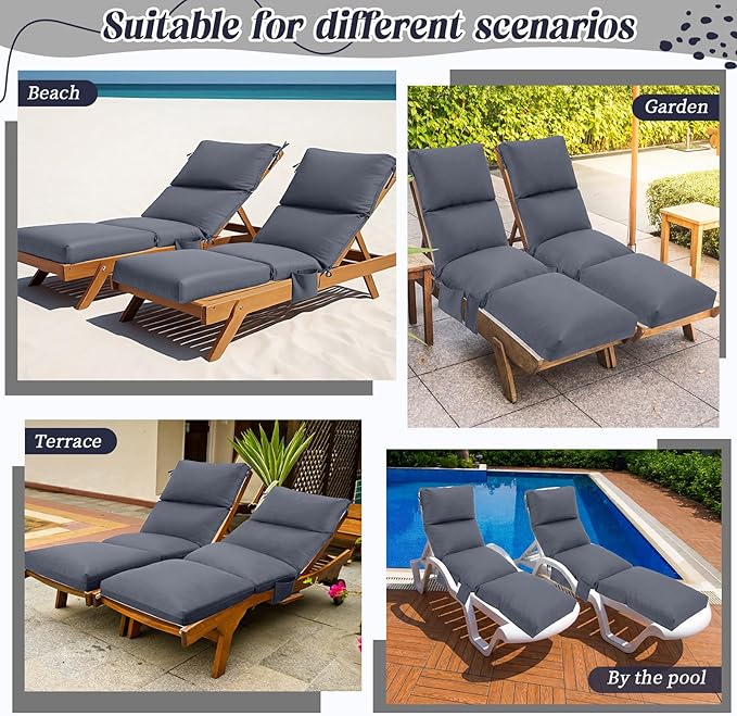 Kigley 2 Pcs Chaise Lounge Cushions, 77.9 x 20.5 x 4.7 Inch Outdoor Lounge Chair Cushions with Pocket, Thick Tufted Patio Recliner Replacement with Ties, Fade Resistant for Pool Furniture (Dark Gray)
