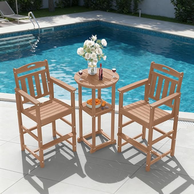 Ciokea 3-Pcs Bistro Table and Chairs, All-Weather Round High Top Bar Table with Storage Shelf and 2 Oversized Adirondack Chairs, Heavy Duty Outdoor Bar Set Patio Bistro Set for Balcony Deck, Teak