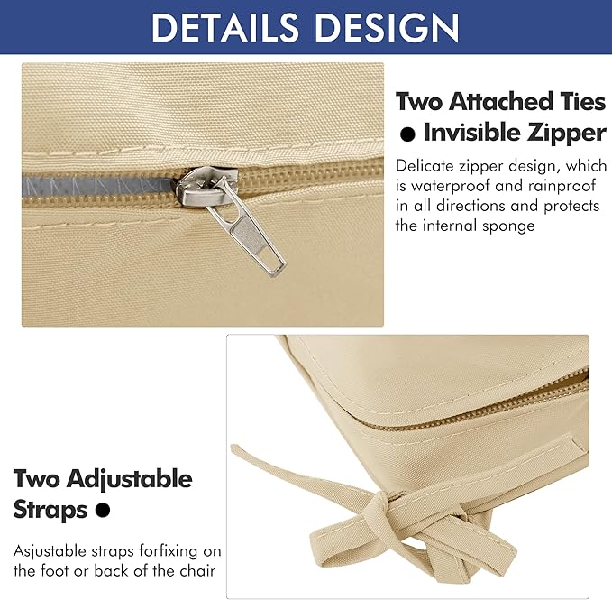 Outdoor Chair Cushions 22 x 22 Inch Waterproof Patio Chair Cushions with Tie 5 Year Color Fastness Thick Outdoor Seat Cushion for Garden Lawn Patio Furniture Beige Set of 2