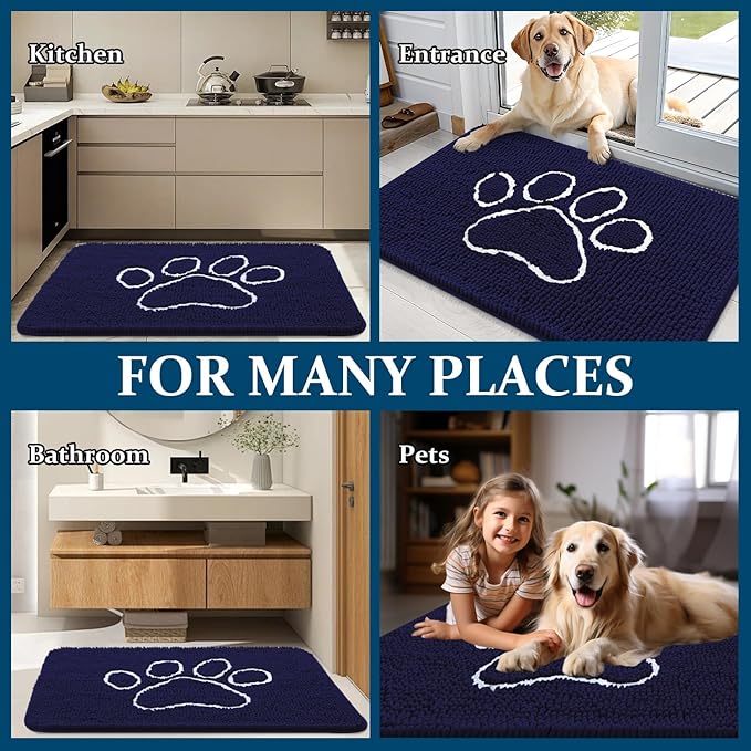OLANLY Dog Door Mat for Muddy Paws 24x16, Paw Print Design, Absorbs Moisture and Dirt, Absorbent Non-Slip Washable Doormat, Quick Dry Chenille Mud Mat for Dogs, Entry Indoor Entryway Carpet, Navy Blue