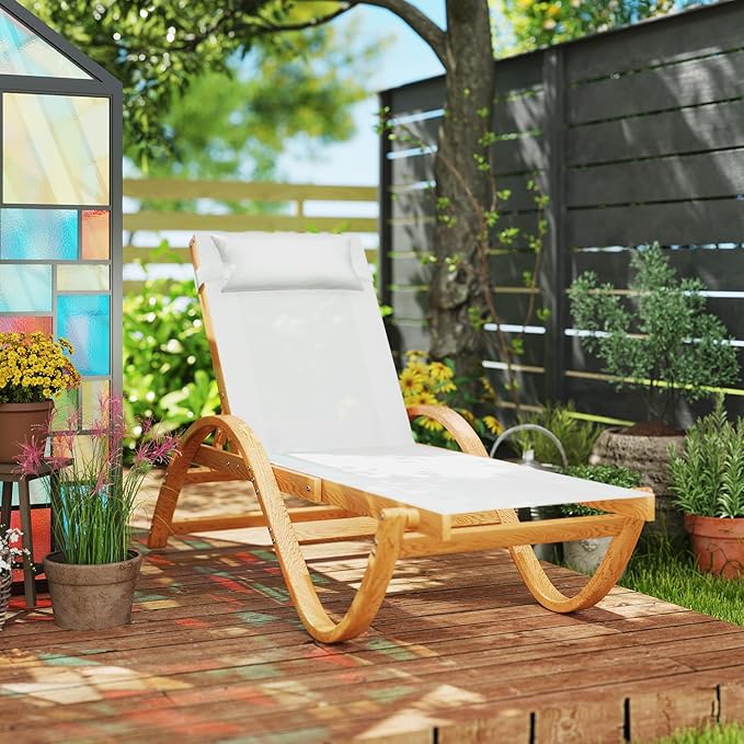 Outsunny Larch Wood Lounge Chair, 4-Level Adjustable Tanning Chair, Full Flat Patio Lounger with Mesh Seat, Outdoor Sun Chaise for Patio Beach, Cream White