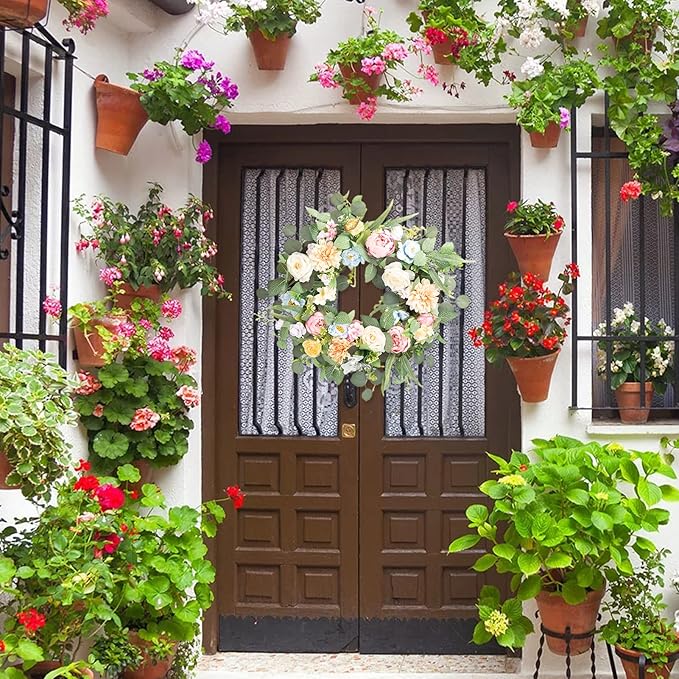 Honnesserry Spring Wreath for Front Door, Large Door Wreath for Home Decoration, 24IN Farmhouse Summer Eucalyptus Wreaths for Decor