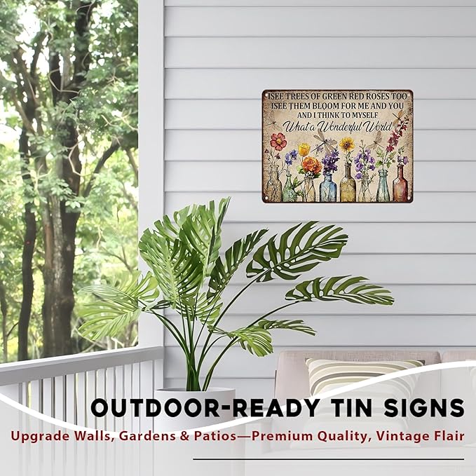 Dragonfly Vintage Tin Sign What A Wonderful World Flowers Gardens Metal Tin Sign Wall Decor I See Trees of Green Red Rose Too 12x16inch