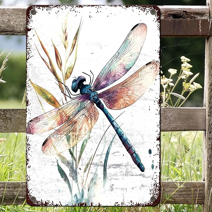 Dragonfly Garden Decor Watercolor Dragonfly Metal Tin Sign Vintage Wall Art for Home Decor Patio Garden Outdoor & Indoor Nature Inspired 12x16inch