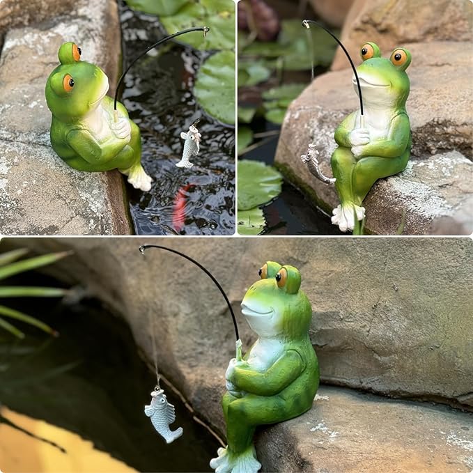 Garden Frog Pond Statue Decoration, Fishing Frog Garden Statue Outdoor Koi Pond or Waterfall Decor, 9.5" Frog Figurine Fishing Poolside Statue, Frog Gifts for Mom