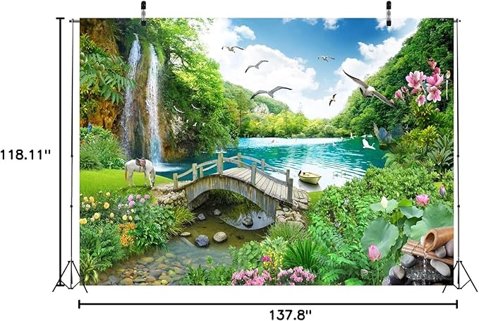 BELECO 12x10ft Fabric Picturesque Garden Backdrop Tropical Landscape Green Mountain Forest Trees Waterfall Lake Flowers Birds Horse River Bridge Fantasy Scenery Background Wall Mural Photo Props