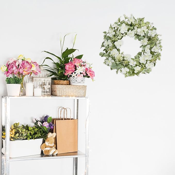 YNYLCHMX 18" Spring Summer Wreaths for Front Door, Artificial Floral Wreath with White Rose Flowers Green Eucalyptus Leaves, Green Foliage Wreath for Wall Window Farmhouse Party Holiday Home Decor