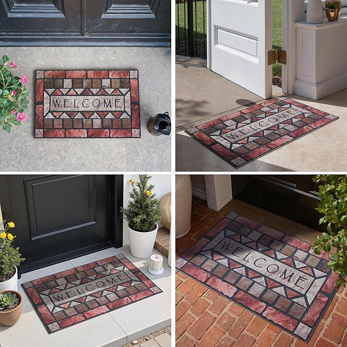 Welcome Mat Front Door Mat Indoor Outside Entrance, Absorbent Heavy Duty Doormat with Non Slip Backing Entryway Rug for Front Back Door, 24x36, Brick Print