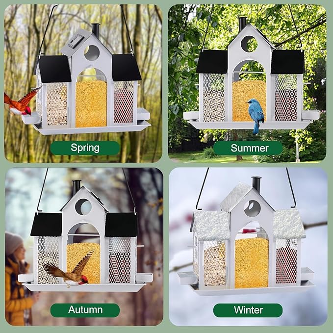 Solar Bird Feeder House for Outside Hanging, Large Capacity Birdhouse Bird Feeders Hanging for Outdoors, Metal Mesh Wild Birdfeeder for Finch Cardinal, White and Black