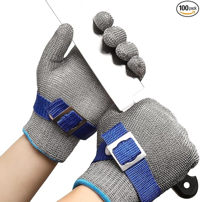 ANSI A9 Cut Resistant Glove, Food Grade Stainless Steel wire Mesh Metal Gloves, Knife Cutting Gloves for kitchen Mandoline Slicing Butcher Meat Cutting Oyster Shucking Fish Fillet(M, 50 Pairs)