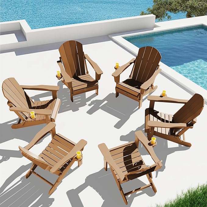 SERWALL Folding Adirondack Chair, All Weather Adirondack Chairs with Cup Holder for Patio Garden Outdoors Fire Pit Chair - Brown