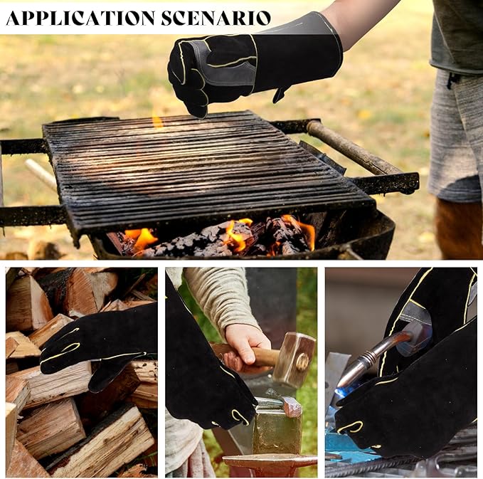 Leather Oven Gloves for Women Man, Heat Resistant Fire Long Sleeve Gloves for Tig Mig Stick BBQ Fireplace Animal Handling (16in)