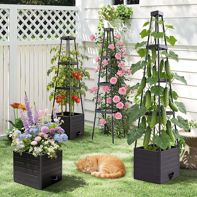 2Pack Raised Garden Bed Planter Box with Trellis, 57" Self-Watering Tomato Cage Planters for Climbing Plants Vegetable Vine Flowers Outdoor & Indoor (57x9.8x9.8IN)