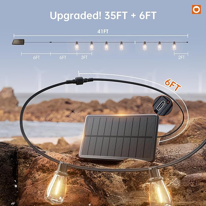 addlon 35FT Solar String Lights Outdoor, IP54 Waterproof Solar Powered with Remote & USB Port, 10+1 LED Shatterproof Bulbs, Dimmable Solar Light Outdoor for Camping Backyard Bistro Porch
