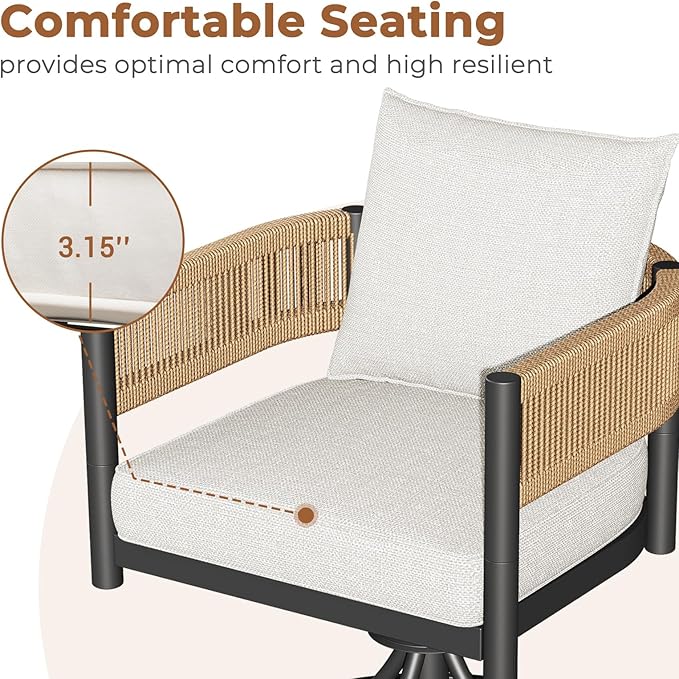 Grand patio 5-Piece Outdoor Dining Set for 4, Metal Woven Wicker Swivel Patio Chairs with Thickened Cushions & 1 Square Woodgrain Dining Table with Umbrella Hole for Backyard Deck (Natural)