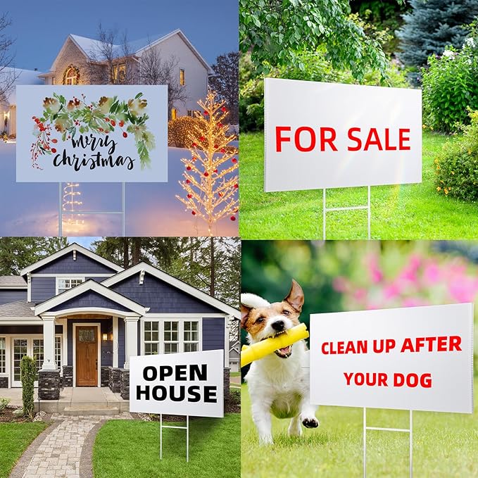 6 Pack Blank Yard Signs 17 x 12 in with Metal Stakes, White Plastic Yard Lawn Sign for Birthday Decoration,Garage Sale,Guidepost, Open House, Rent