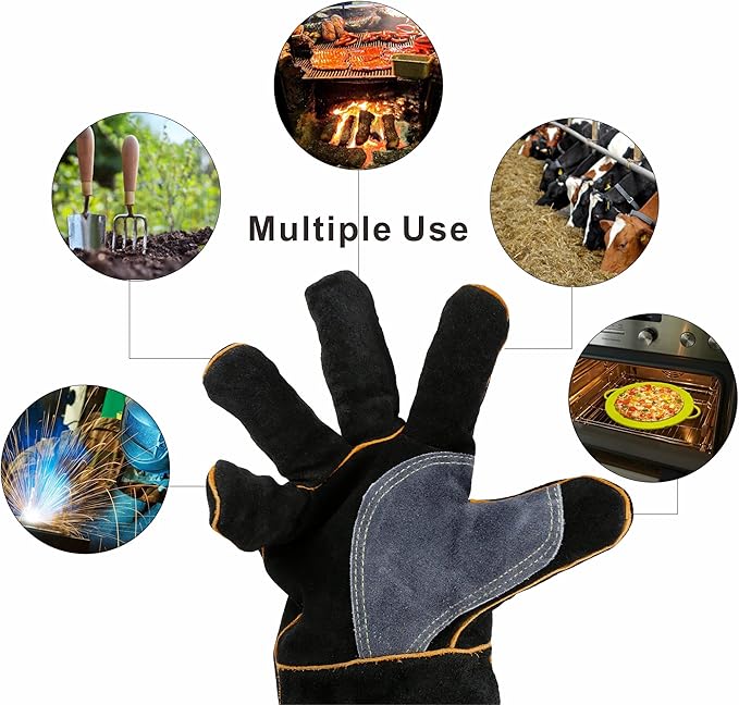 Extreme Heat/Fire Resistant Gloves Leather with Kevlar Stitching, Mitts Perfect for Welding/Oven/Grill/BBQ/Mig/Fireplace/Stove/Pot Holder/Tig Welder/Animal Handling